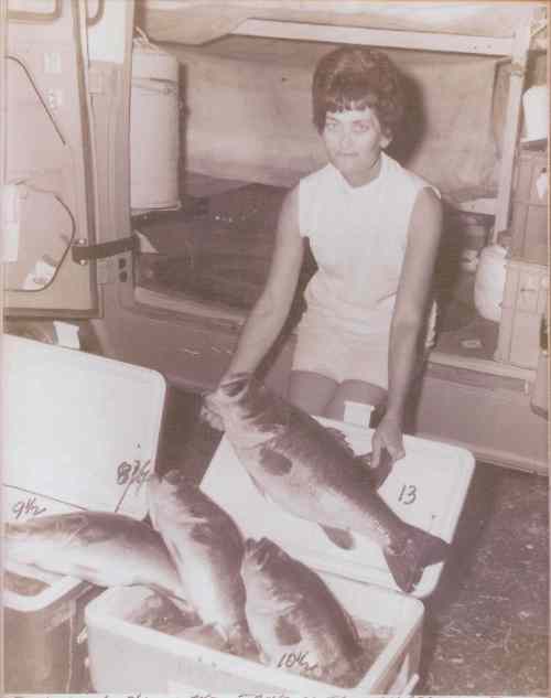 On July 23, 1967 guided by friend Bill O'Connor of Albany, Georgia, Clyde and Polk Harbin caught these four very large bass on Lake Jackson.  This picture was taken on the return from lure collecting and a fishing trip in Tallahassee, Florida.  They were traveling in Mr. Harbin's self contained Ford van equipped with a cooking stove, ice box along with a charging device from the van's generator that would charge the boat battery.