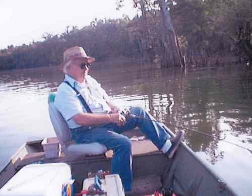 In his own boat or fishing partner's boat Clyde's favorite seat is in the back.  Fishing behind Ed Ferguson or Charlie Lewis is a pure pleasure.  You learn where the bass live by watching.  Ed leaves no spot un-fished which you have too live with and Charlie shares the best spots.  However, from the rear seat the " get away cast" from a different angle does call'em up!!  Bass do count, one more presentation makes the strike.