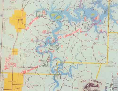 Mr. Harbin made this map of the weigh in station and the five departure boat docks with driving times for the Memphis Bassmen Team to fish in Ray Scott's first "All American Invitational Bass Tournament" in Roger, Arkansas, on June 5, 6, 7, 1967.