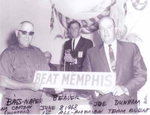 The Tulsa Bass Team came to Beaver Lake with this sign on their front bumper.  "The Memphis Bassmen beat'em" and in 2002 this sign was donated to Bass Pro Shops, Rick Collins, Wildlife Operations Manager.  Further, "BASS-NAPER" was changed to "BASSMAN" after this fish off.  As captain of the Memphis Bassmen Mr. Harbin applied for a trademark registration.
