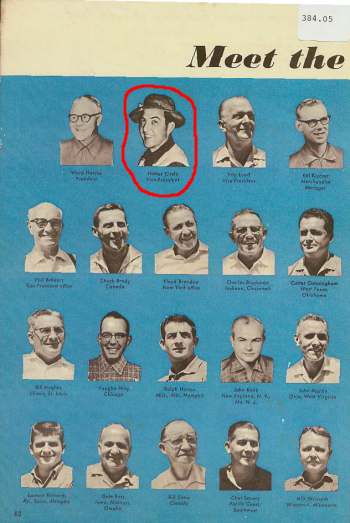 Circled in red "Uncle" Homer Circle (upper left) and Lanny West (lower right) are members of the James Heddon Sons 1961 Catalog Team.  Courtesy of Joe Stagnitti.  Also on page #380.01 of The Heddon Historical Footprints Book.