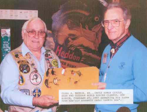 At the 1997 BPS, Spring Fishing Classic "Uncle" Homer Circle was a featured speaker at this event   Mr. Harbin presented him with a check for the sale of his old lures from Homer Circle's old aromatic cedar tackle box.