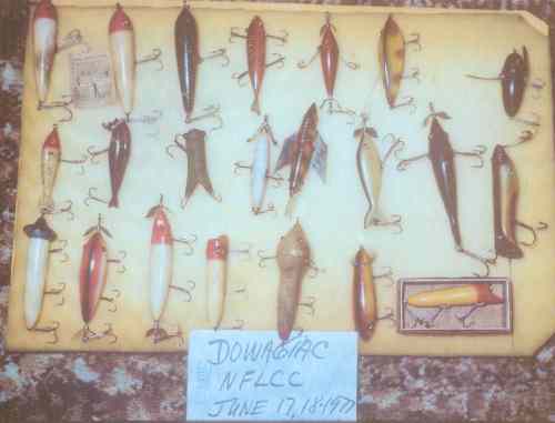 Bob Jones, James Heddon Sons Lure Manager made a request to Mr. Harbin if he would clean the board and only display Heddon lures. Mr. Harbin gladly accepted and worked for nine hours to remove the Non-Heddon lures and performed his miracle and rearranged the Heddon Display Board. Clyde enjoyed himself rearranging the Heddon board and commented at the end that he just spent nine hours of pure pleasure researching in the "Candy Store".  Clyde Harbin was granted permission to swap some of his Fancy Back Heddon lures of his choice with factory acceptance.