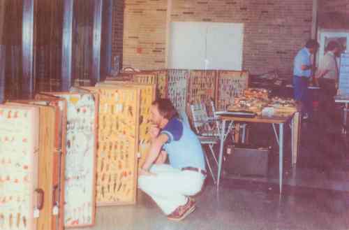 Joe Courcelle viewing the Harbin lure collection (no further displays) at the Dowagiac High School in July 1979.  Joe was elected the next NFLCC President at this event.