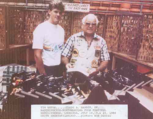 Tim Watts (Grandson of the Bassman) and Clyde A. Harbin, Sr. at Natchitochee-Northwestern Folk Festival in Natchitoches, Louisiana, July 18, 19,  20, 1986.  Grits Gresham invite.  Photograph by Bob Dennie.