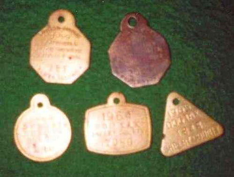 A few of the many dog tags obtained for the registered Black Labrador Retrievers Mr. Harbin owned and trained.  Dr. Montgomery was their Veterinarian.