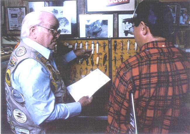 Mr. Harbin is pointing to some very rare Heddon lures.  Mr. Harbin is discussing with Mr. Sato what rare lures the EI Publishing Company will be photographing for the first edition of the "Old Tackle" magazine.  The interview and photo taking session took nine hours to complete.  It was long but a fun interview for both parties and the EI Publishing Company now had the needed material for the Old Tackle story.