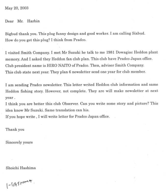 Mr. Hashima Shoichi May 20, 2003 letter to Mr. Clyde A. Harbin Sr.
