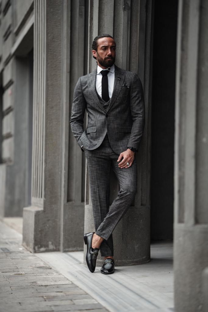Evo Dark Gray Slim Fit Crosshatch Suit – BRABION