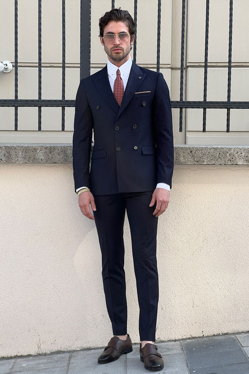 Daniel Double Breasted Navy Blue Wool Suit – BRABION