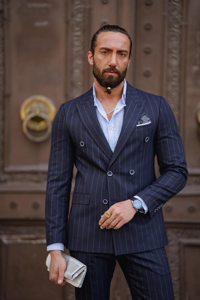 Evo Dark Blue Slim Fit Double Breasted Pinstripe Suit – BRABION