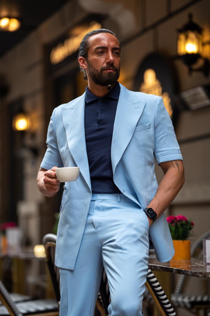 Evo Sky Blue Slim Fit Double Breasted Short Sleeve Suit – BRABION