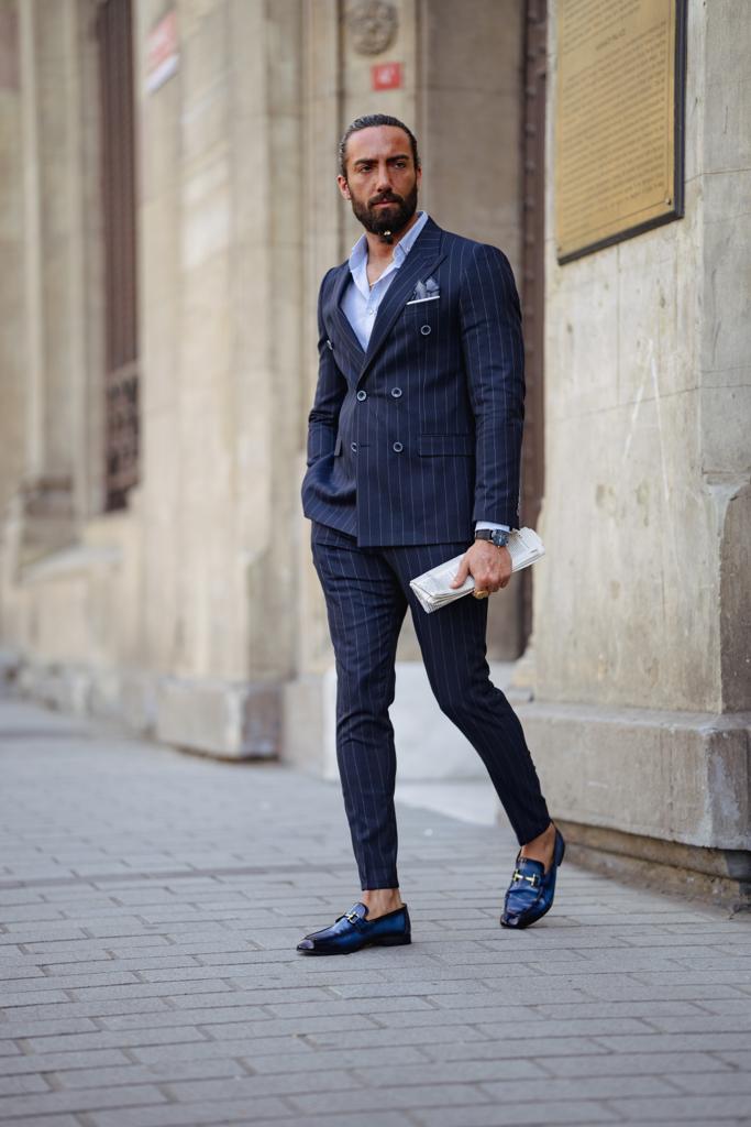 Evo Dark Blue Slim Fit Double Breasted Pinstripe Suit – BRABION