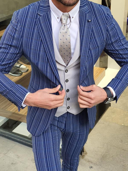 Bojo Pivas Navy Blue Slim Fit Pinstripe Suit