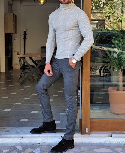 Elko Gray Slim Fit Striped Turtleneck Wool Sweater – BRABION