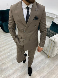 Zar Brown Slim Fit Peak Lapel Double Breasted Suit – Brabion