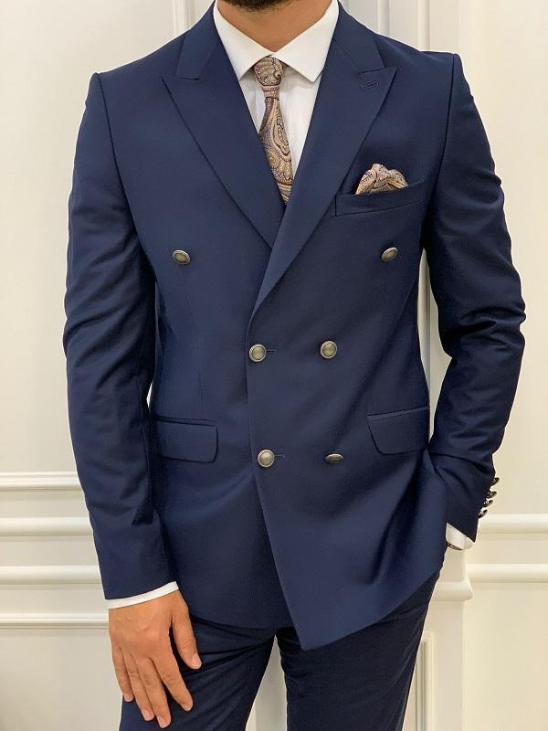 Zar Navy Blue Slim Fit Peak Lapel Double Breasted Suit – BRABION