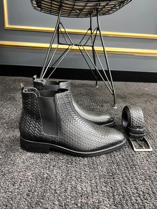 Black Woven Leather Chelsea Boots for Men by