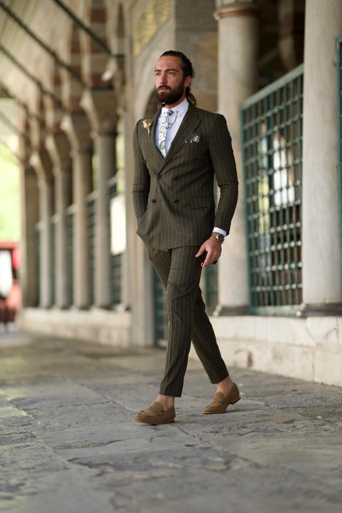 khaki pinstripe suit