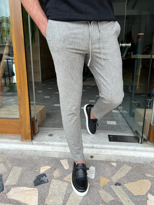 GentWith Tampa Dark Blue Slim Fit Pinstripe Linen Pants