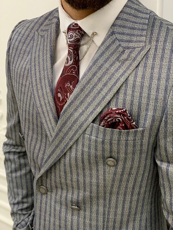Varteni Navy Blue Slim Fit Peak Lapel Double Breasted Striped Suit ...