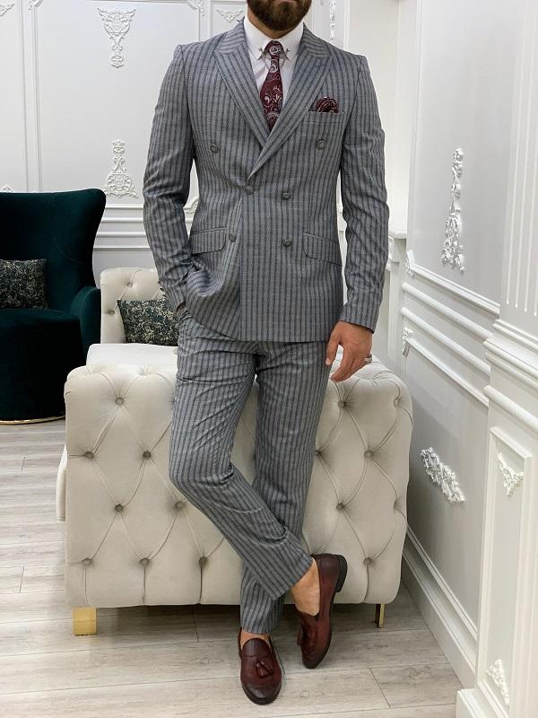 Varteni Navy Blue Slim Fit Peak Lapel Double Breasted Striped Suit