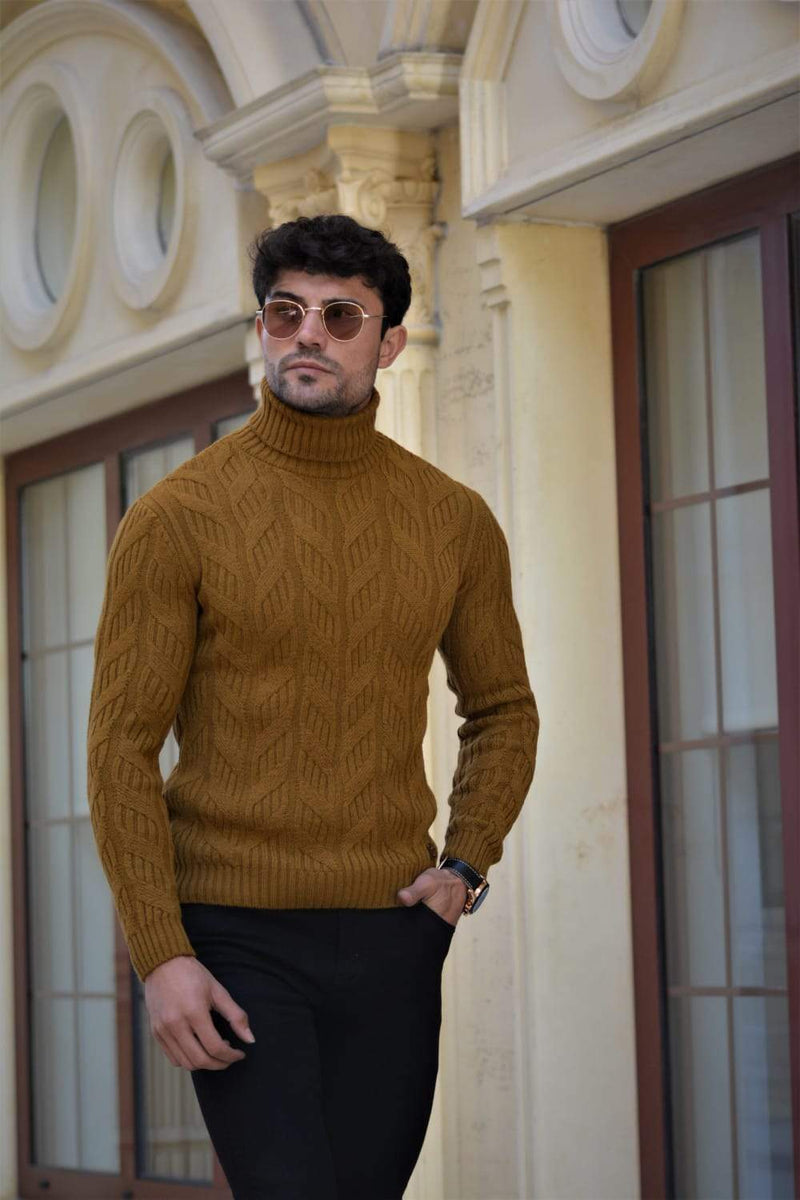 Vicenza Slim-fit Patterned Turtleneck wool Knitwear Camel – brabion