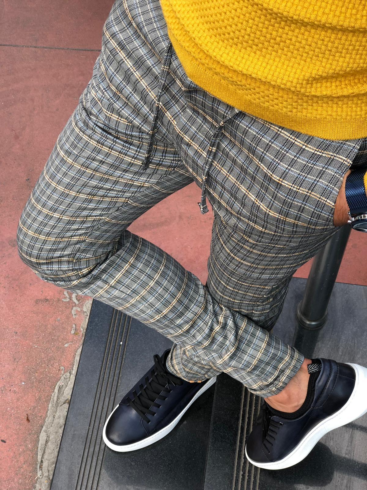 Cris Slim-fit Plaid Pants Grey & Mustard – BRABION