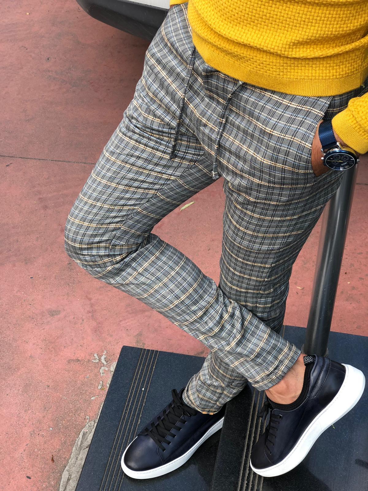 Cris Slim-fit Plaid Pants Grey & Mustard – BRABION