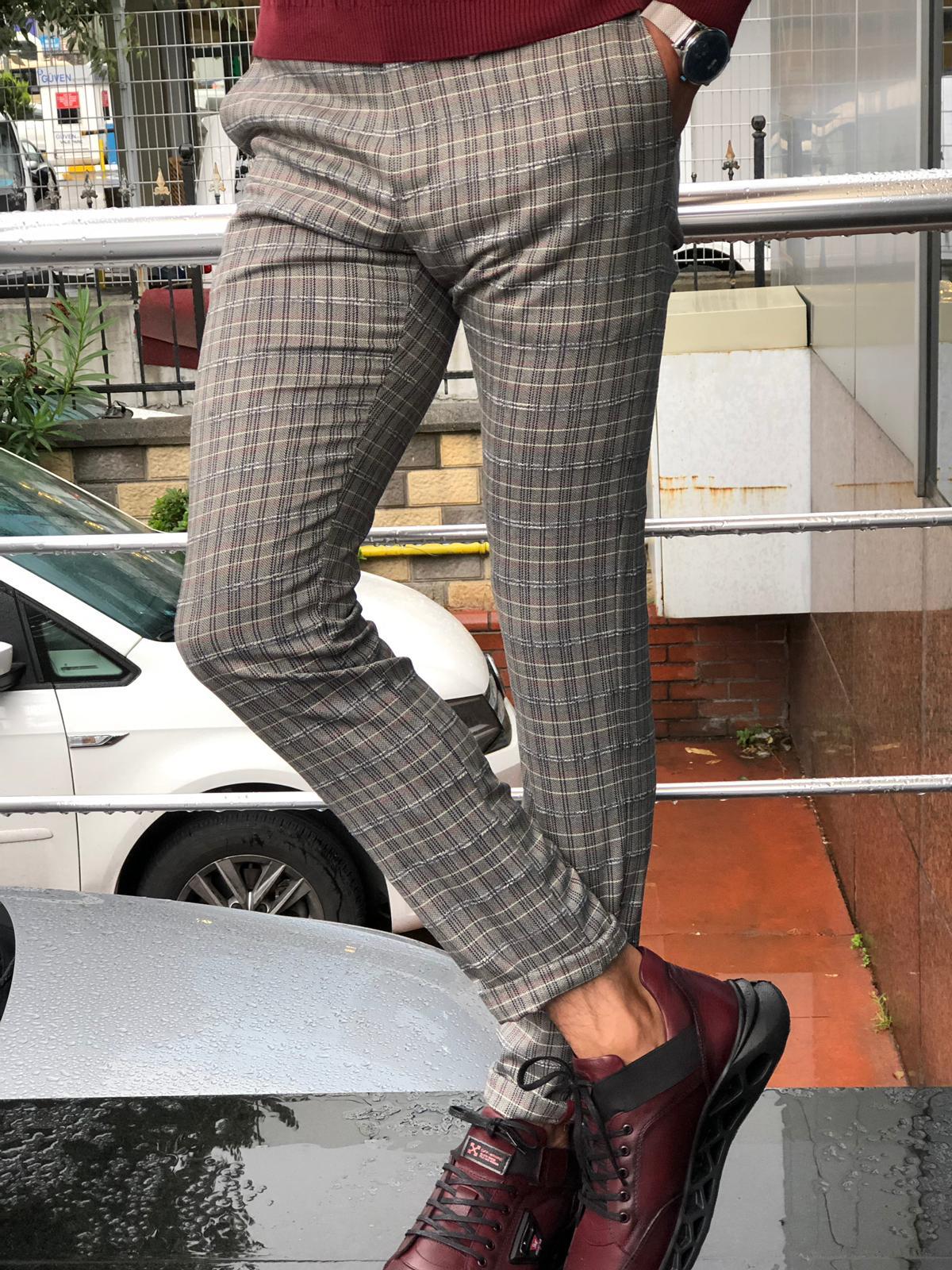 Major Slim-Fit Plaid Pants Grey – BRABION