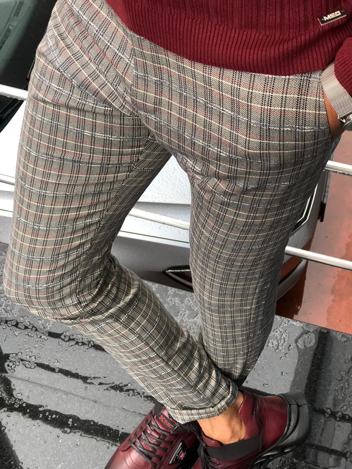 Major Slim-Fit Plaid Pants Grey – BRABION