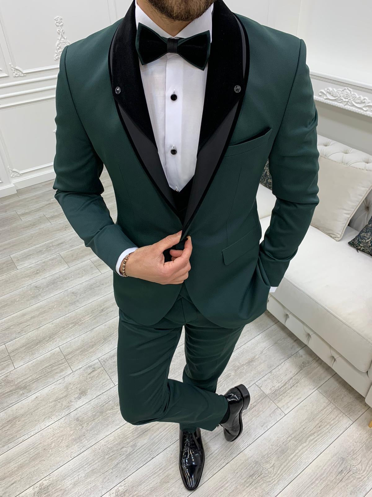 Bergamo Green Slim Fit Velvet Peak Lapel Tuxedo – BRABION
