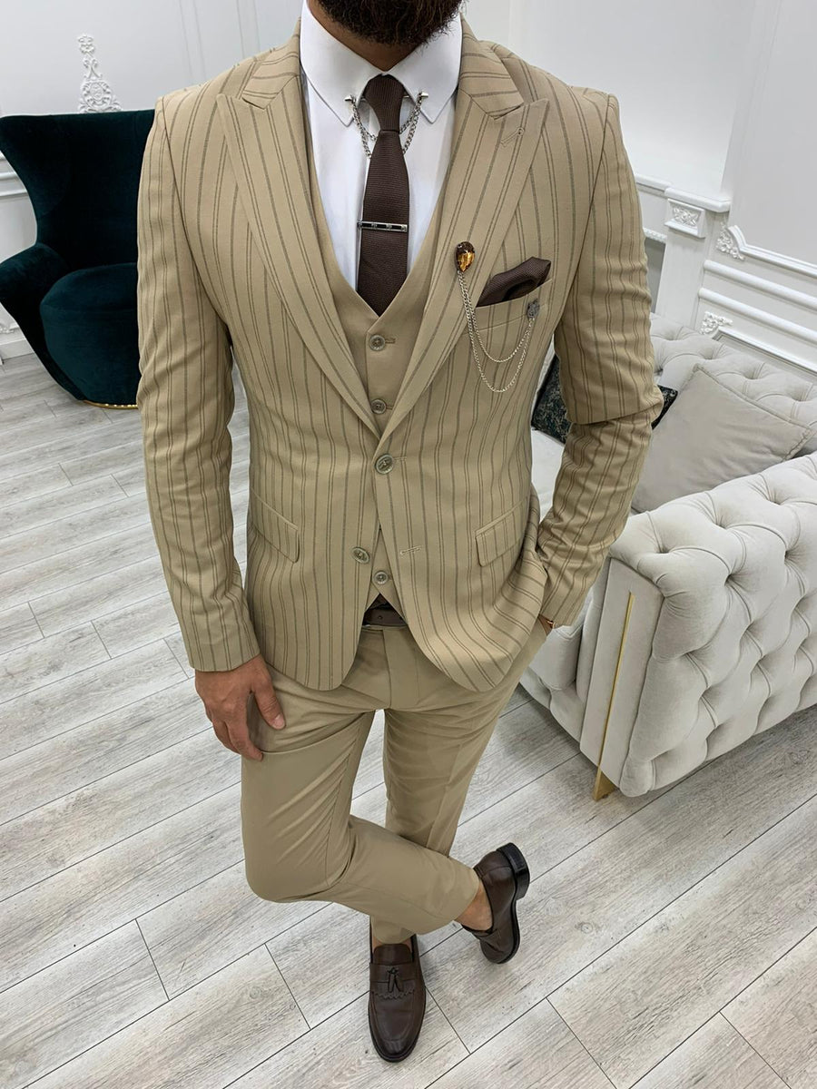Barrua Cream Slim Fit Peak Lapel Striped Suit – brabion