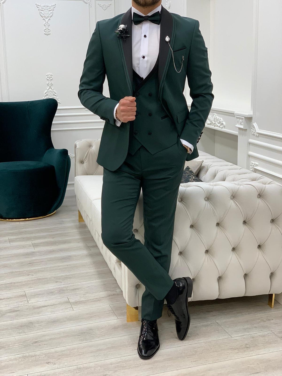 Torino Green Slim Fit Velvet Peak Lapel Tuxedo – BRABION