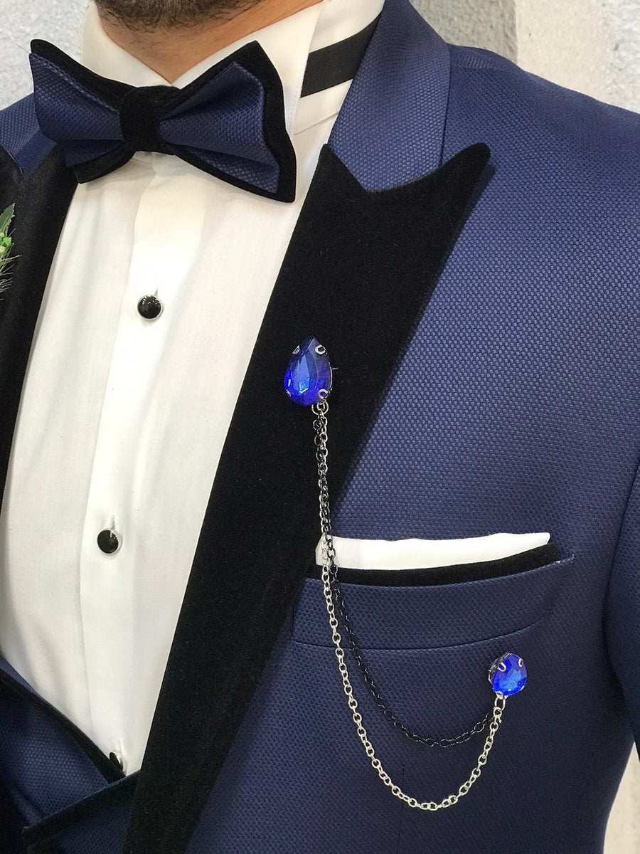 Ventura Blue Slim Fit Velvet Peak Lapel Tuxedo – brabion