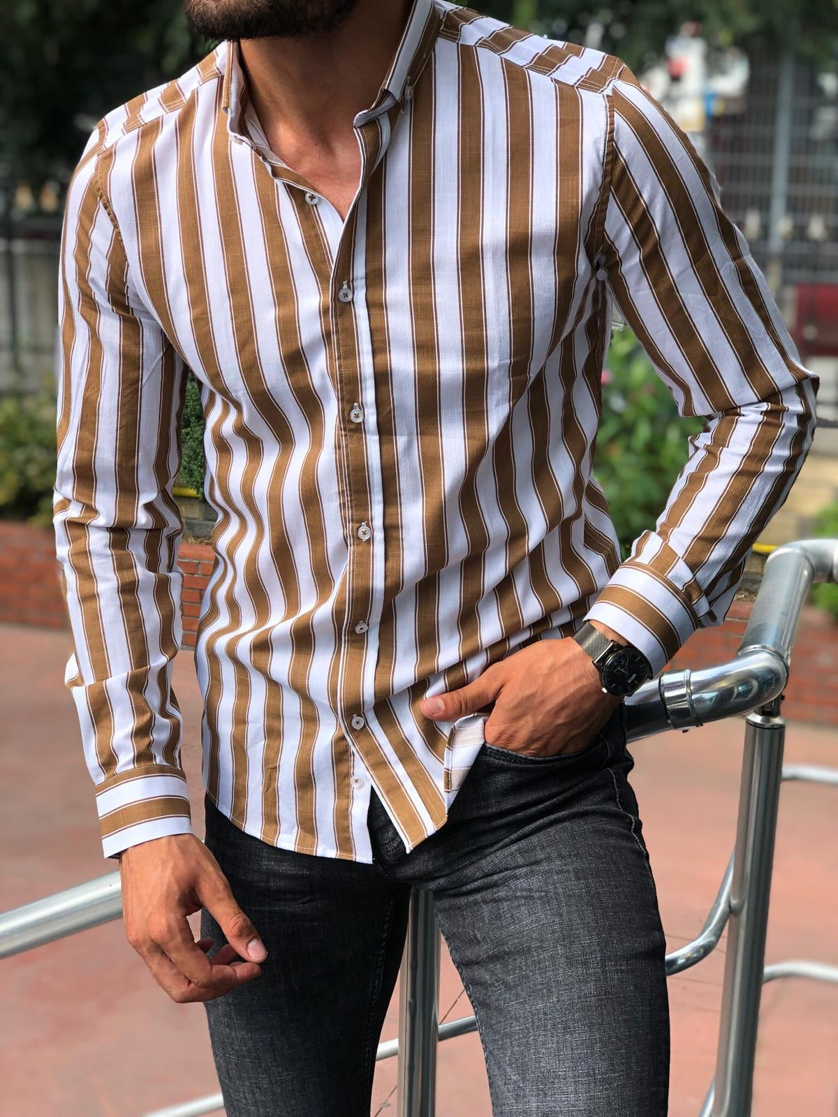 Beige Striped Slim Fit Shirt – BRABION
