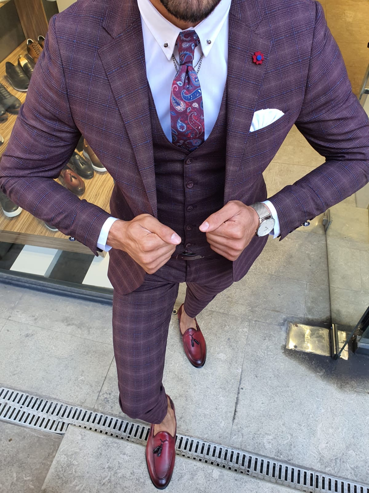 Orem Burgundy Slim Fit Plaid Suit – brabion