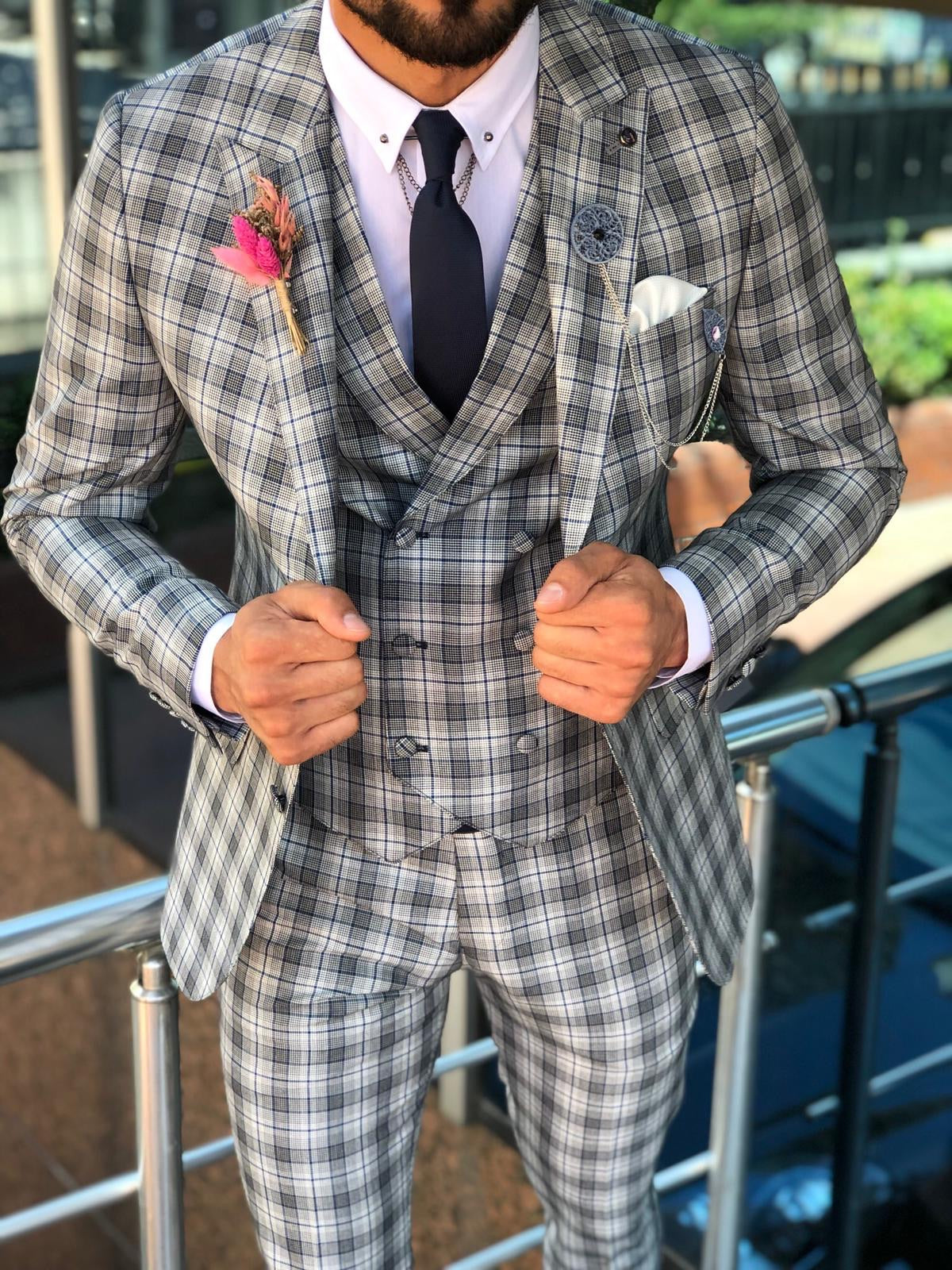 Calvin Gray Plaid Slim-Fit Suit – BRABION