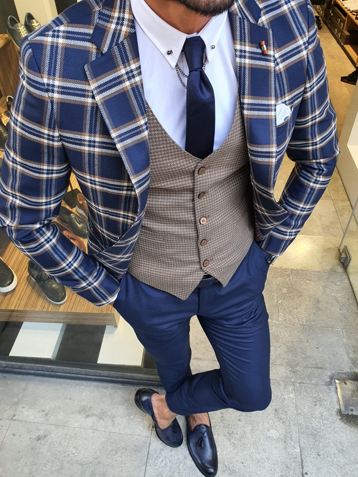 Bellingham Indigo Slim Fit Plaid Check Suit – BRABION