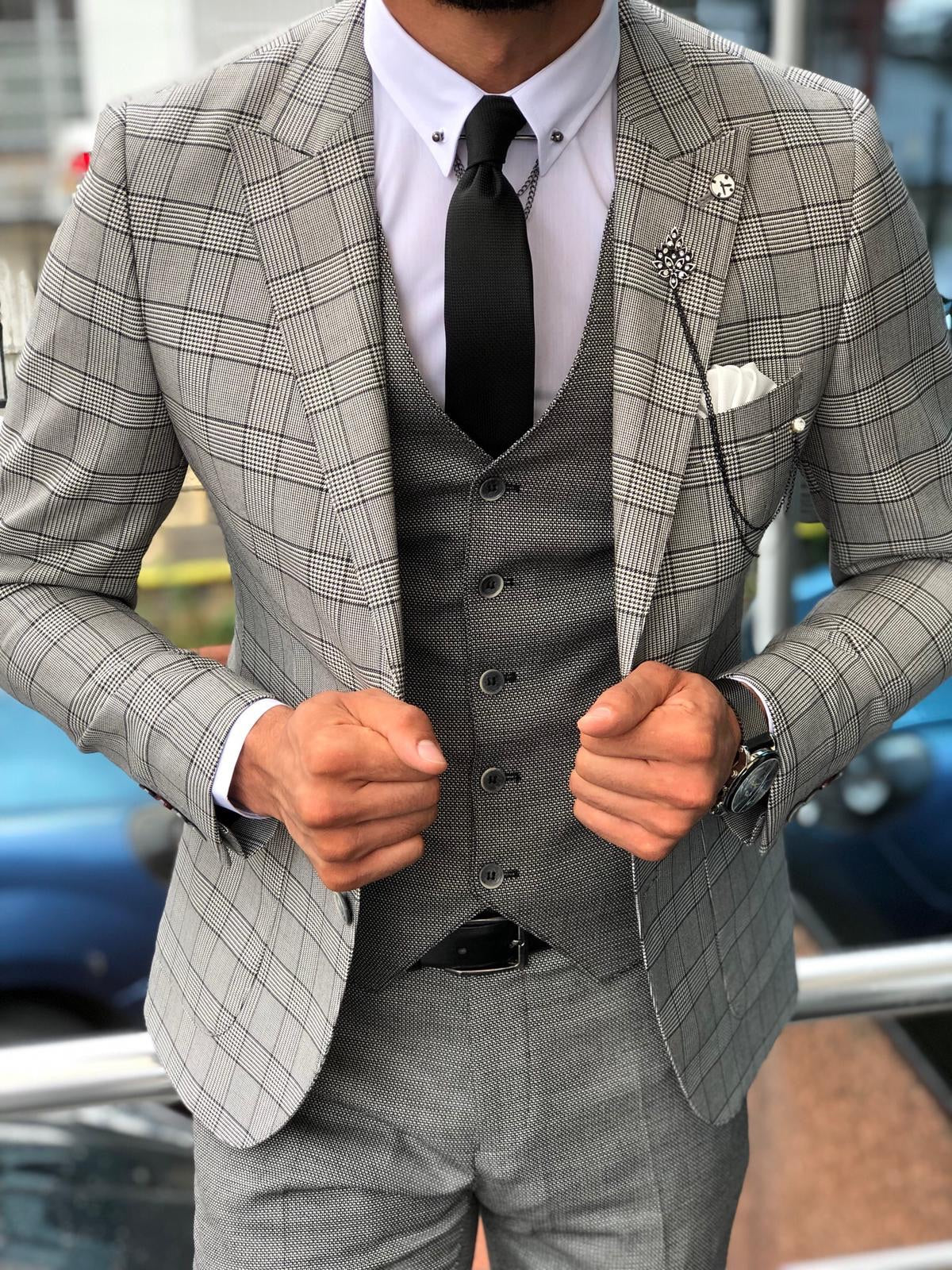 Austin Gray Plaid Slim-Fit Suit – Brabion