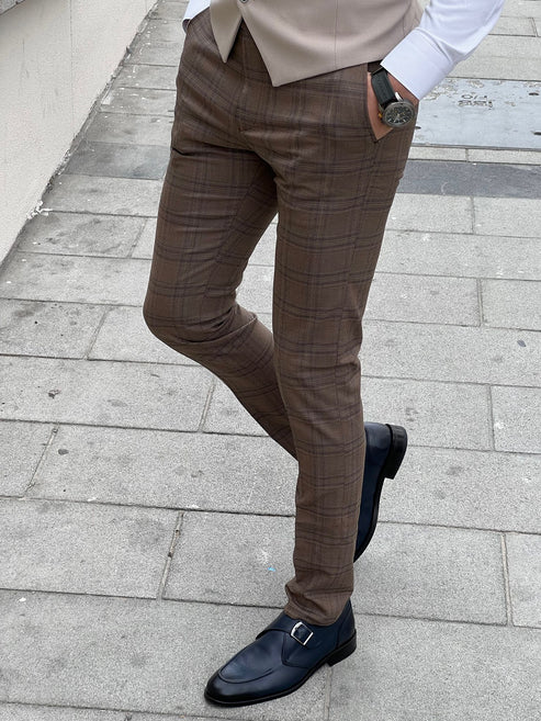 Fabio Brown Plaid Slim Fit Woolen Pants – BRABION