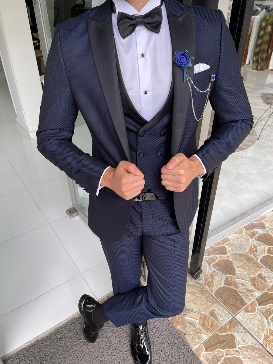 Capel Navy Blue Slim Fit Peak Lapel Wool Tuxedo – brabion