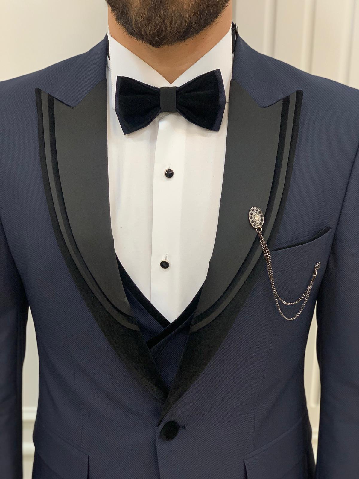 Eden Navy Blue Slim Fit Velvet Satin Peak Lapel Tuxedo – BRABION