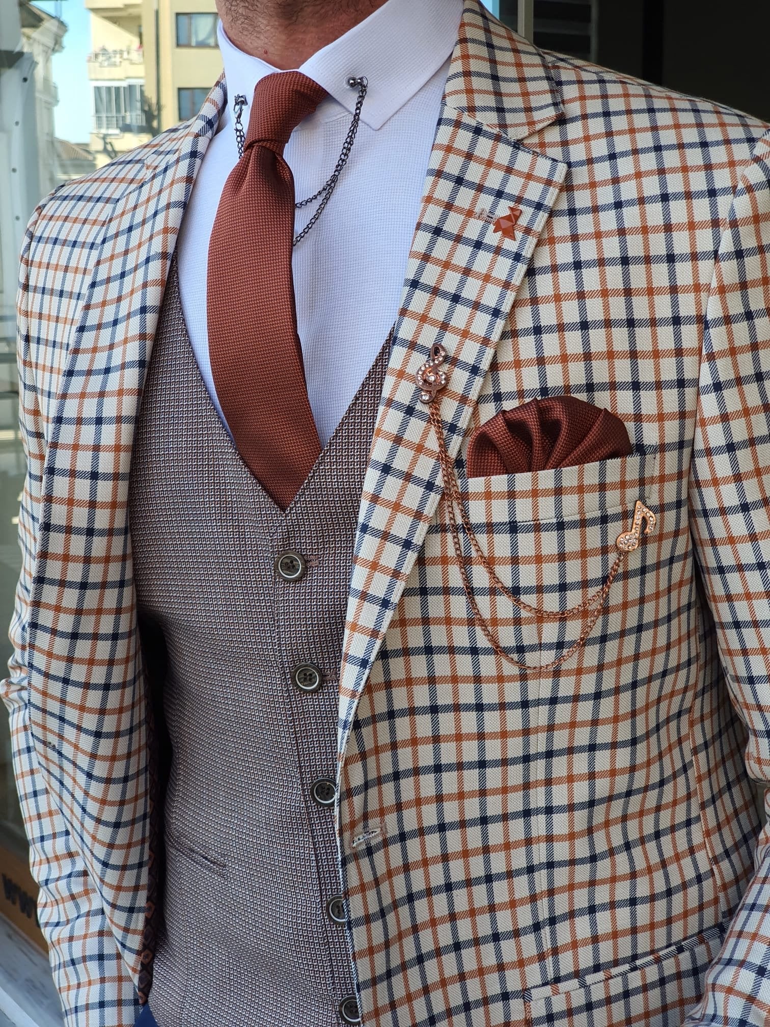 Monterey Beige Plaid Slim Fit Suit – Brabion
