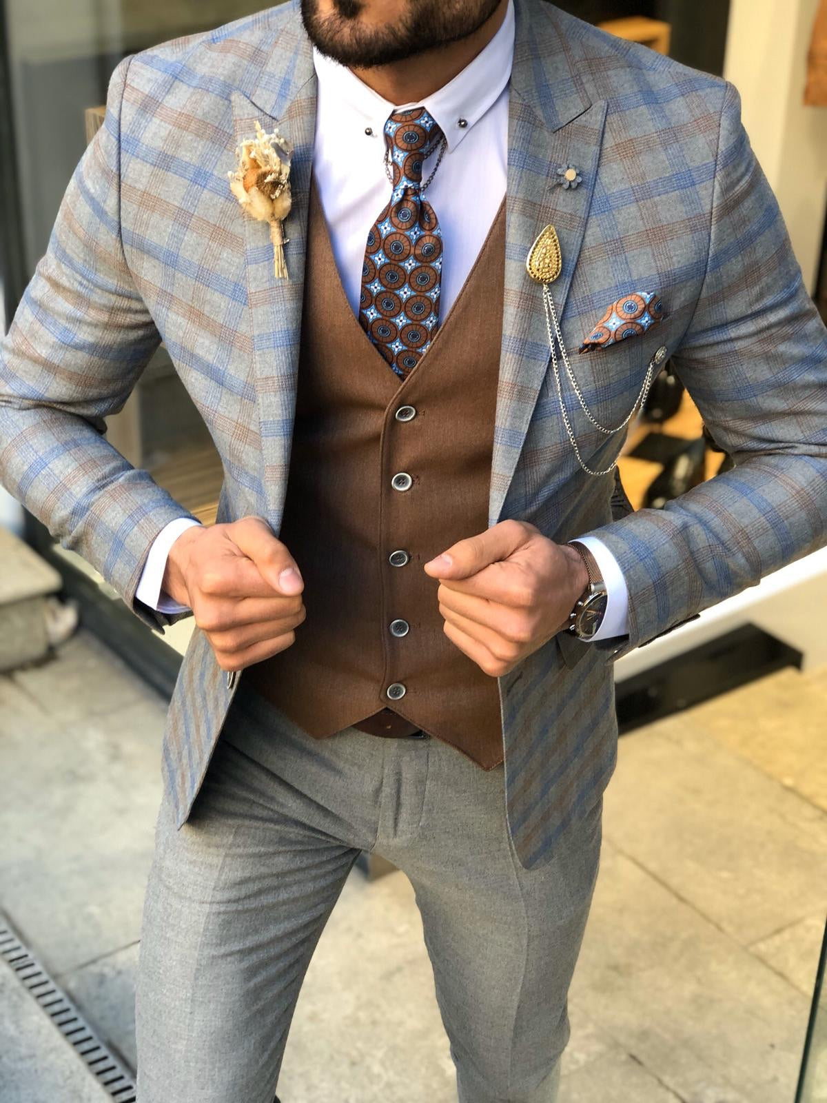 Frisco Camel Slim Fit Check Suit – BRABION