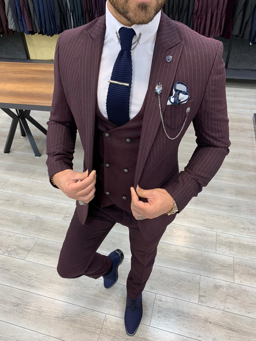 London Burgundy Slim Fit Pinstripe Suit – BRABION