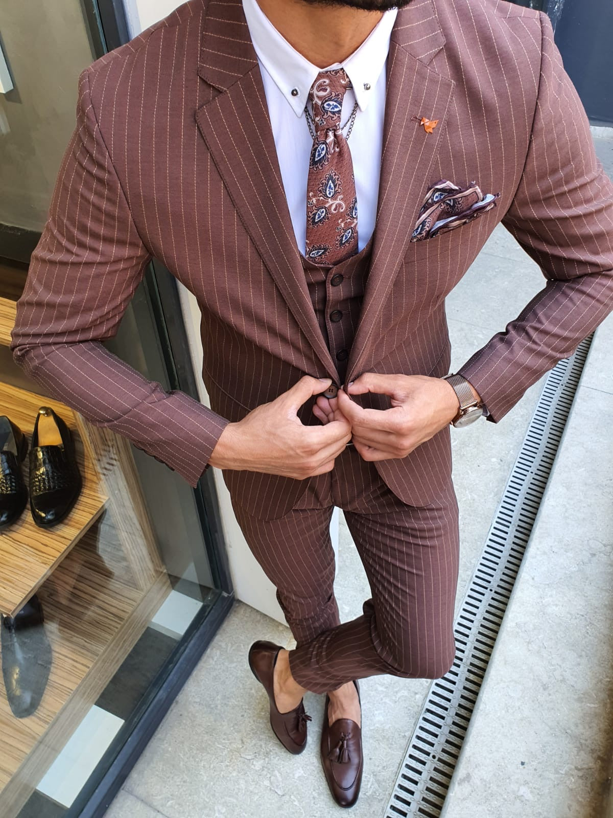 Reno Camel Slim Fit Pinstripe Suit – BRABION