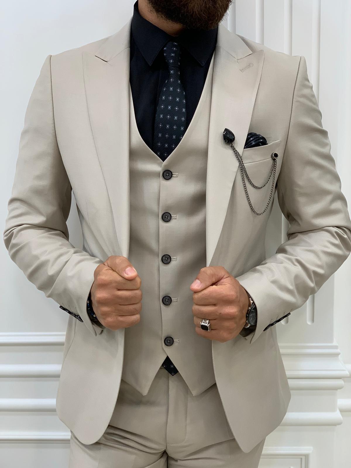 Eros Beige Slim Fit Peak Lapel Suit – BRABION
