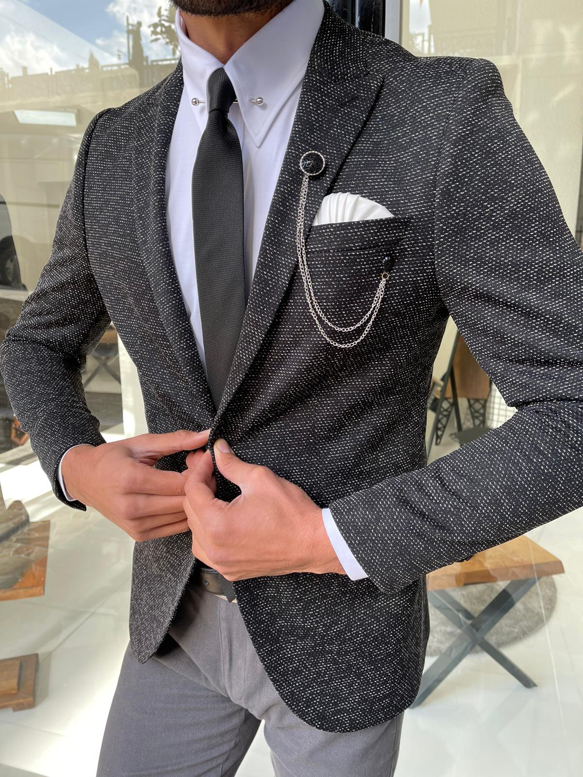 Eros Dark Gray Slim Fit Peak Lapel Wool Blazer – BRABION
