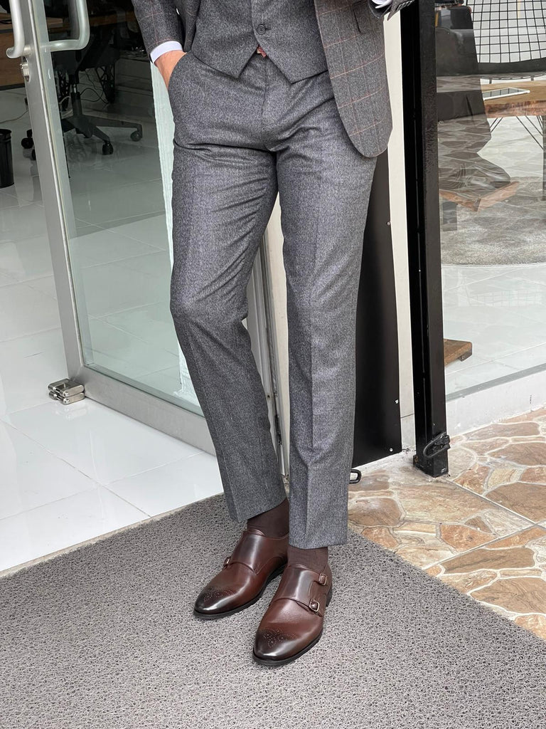 Bosco Gray Slim Fit Peak Lapel Plaid Wool Suit – Brabion